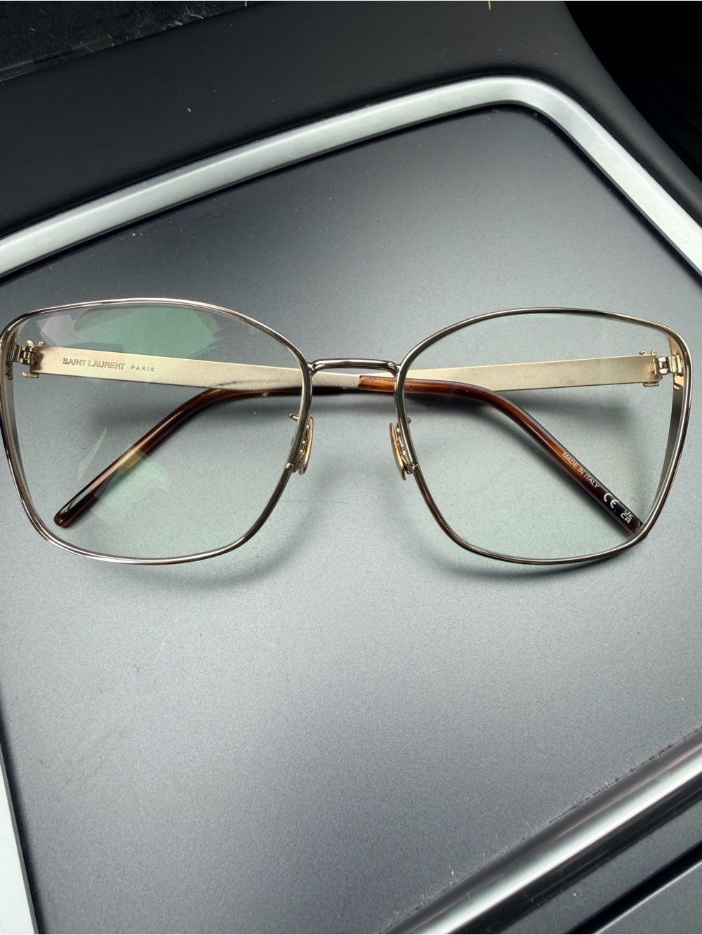 Saint Laurent Gold Metal Square Frame Glasses with Brown Temples